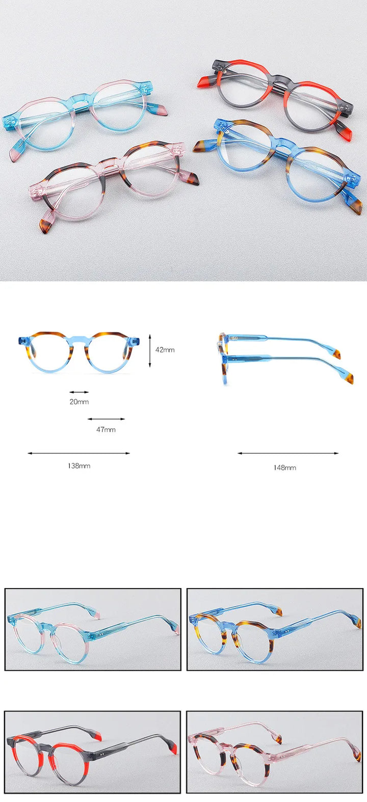 CCspace Women's Full Rim Flat Top Round Acetate Eyeglasses 56910 Full Rim CCspace