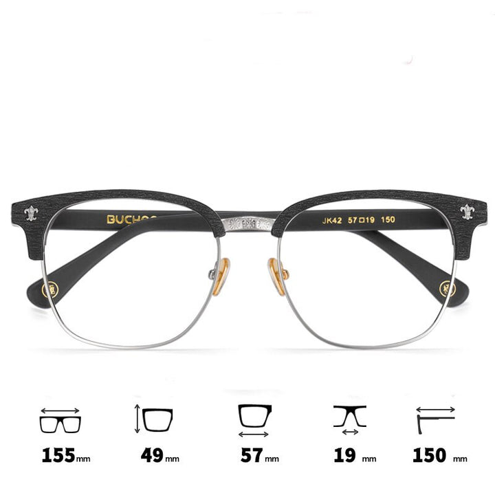 Hdcrafter Men's Full Rim Wide Square Wood Alloy Eyeglasses Jkk042 Full Rim Hdcrafter Eyeglasses Black-Silver