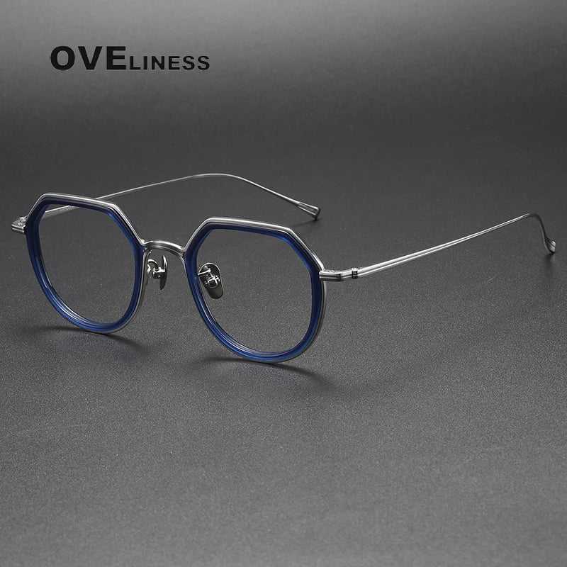 Oveliness Unisex Full Rim Polygon Acetate Titanium Eyeglasses U136 Full Rim Oveliness blue silver
