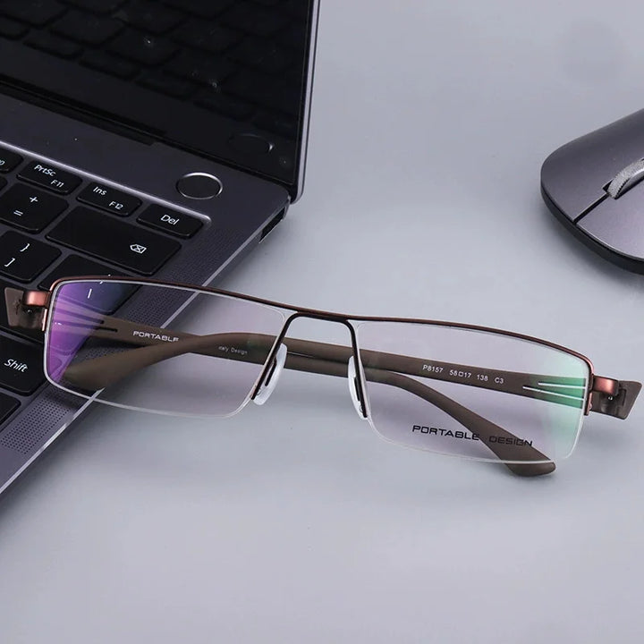 Hdcrafter Unisex Semi Rim Big Square Titanium Eyeglasses 88157 Semi Rim Hdcrafter Eyeglasses Coffee