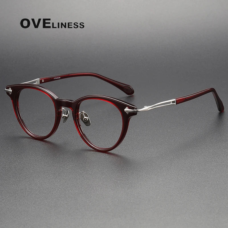 Oveliness Unisex Full Rim Round Acetate Titanium Eyeglasses 4722 Full Rim Oveliness red silver  