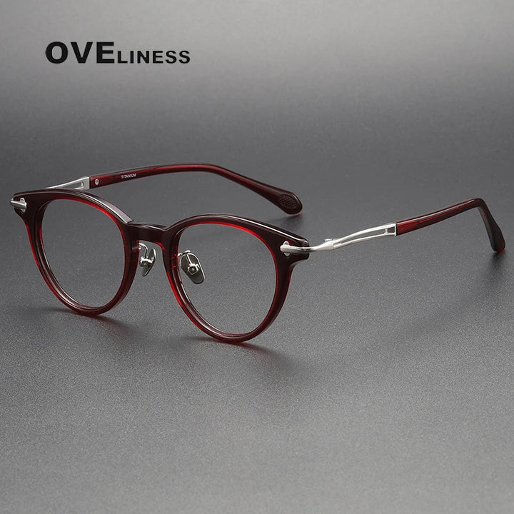 Oveliness Unisex Full Rim Round Acetate Titanium Eyeglasses 4722 Full Rim Oveliness red silver  