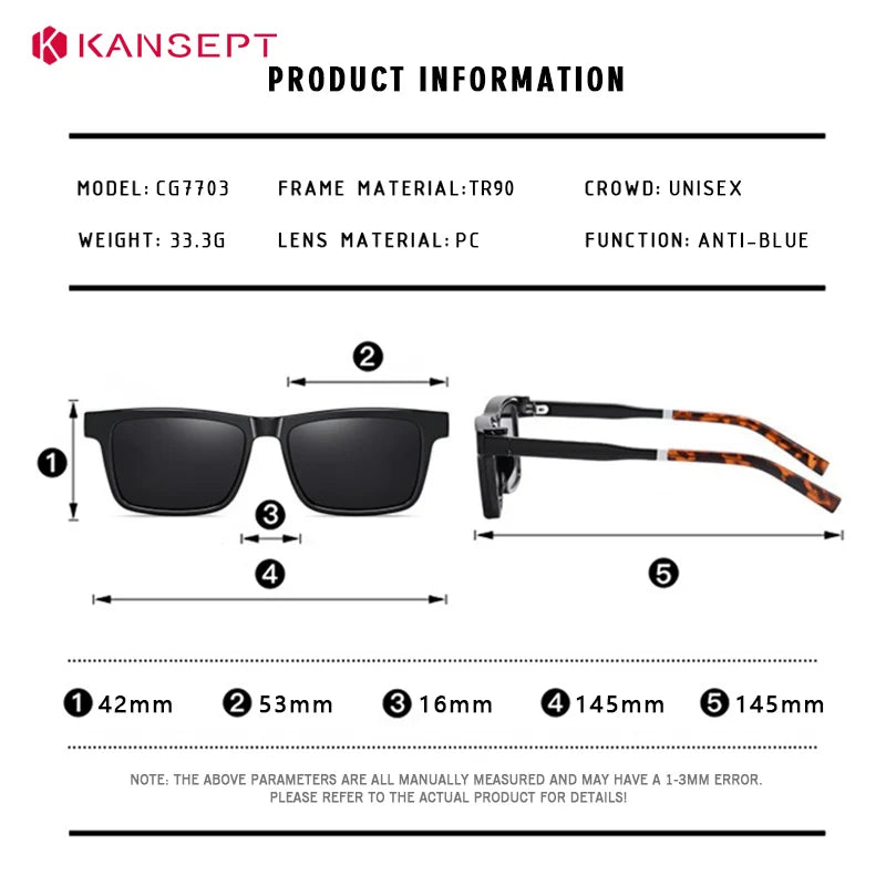 Kansept Unisex Full Rim Square Tr 90 Alloy Reading Glasses Clip On Sunglasses 57703