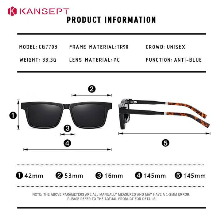 Kansept Unisex Full Rim Square Tr 90 Alloy Reading Glasses Clip On Sunglasses 57703