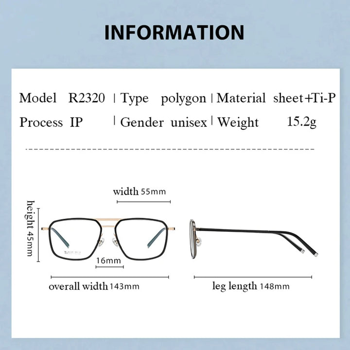 Hotony Unisex Full Rim Square Double Bridge Titanium Acetate Eyeglasses 72320 Full Rim Hotony