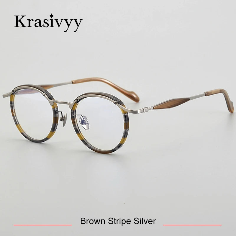 Krasivyy Unisex Full Rim Oval Square Titanium Acetate Eyeglasses 46062 Full Rim Krasivyy Brown Stripe Silver