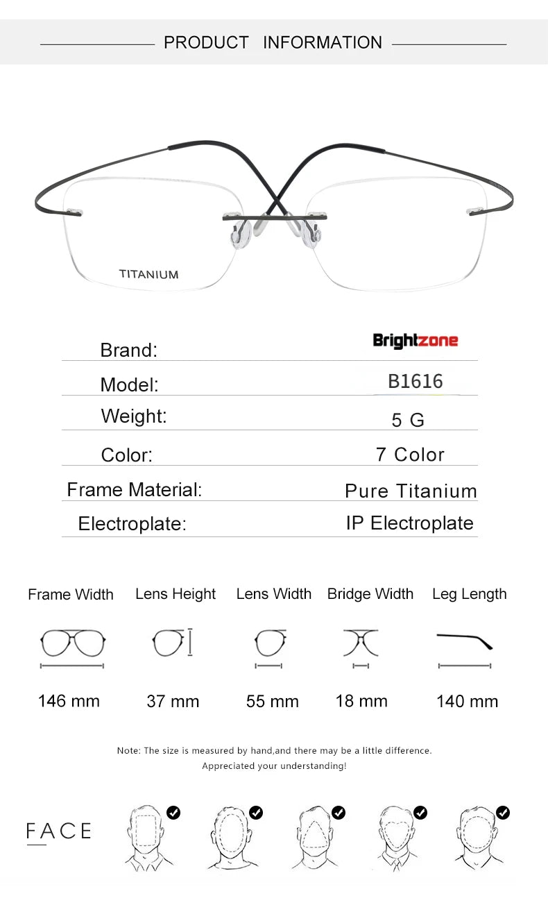 Brightzone Unisex Rimless Square Screwless Titanium Eyeglasses 71616 Rimless Brightzone
