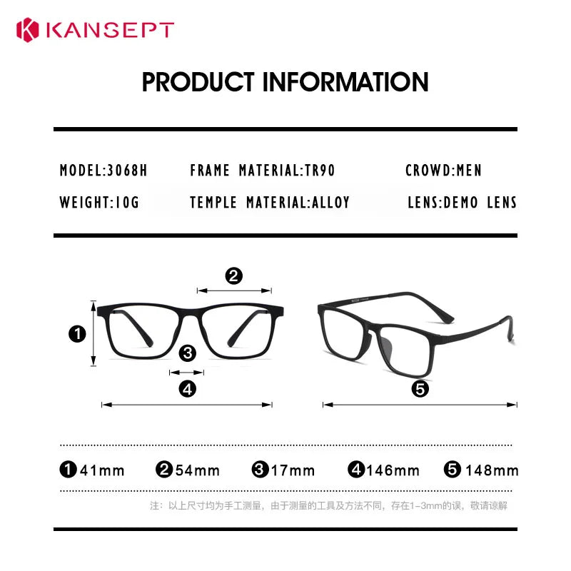 Kansept Men's Full Rim Square Tr 90 Titanium Reading Glasses 53068