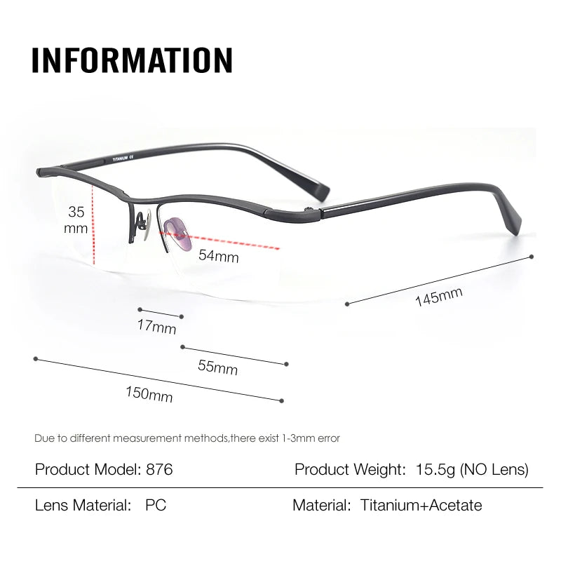 Muzz Men's Semi Rim Square Brow Line Titanium Eyeglasses 921876