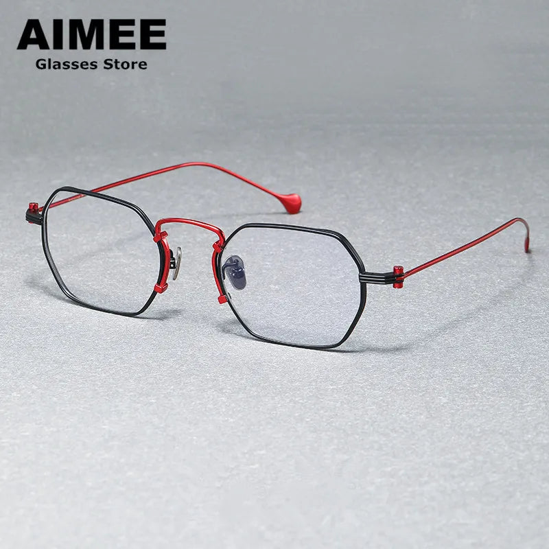 Aimee Unisex Full Rim Flat Top Polygon Titanium Eyeglasses 190069 Full Rim Aimee Black-Red