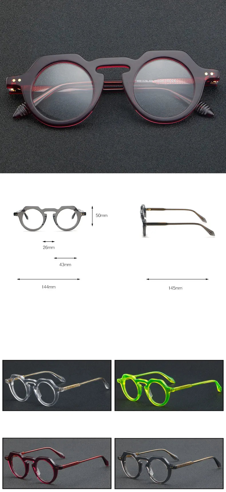 CCspace Women's Full Rim Flat Top Round Acetate Eyeglasses 56936 Full Rim CCspace