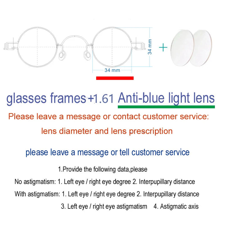 Yujo Unisex Full Rim Small Round Screwless Steel Eyeglasses Full Rim Yujo Anti blue light 34 CHINA