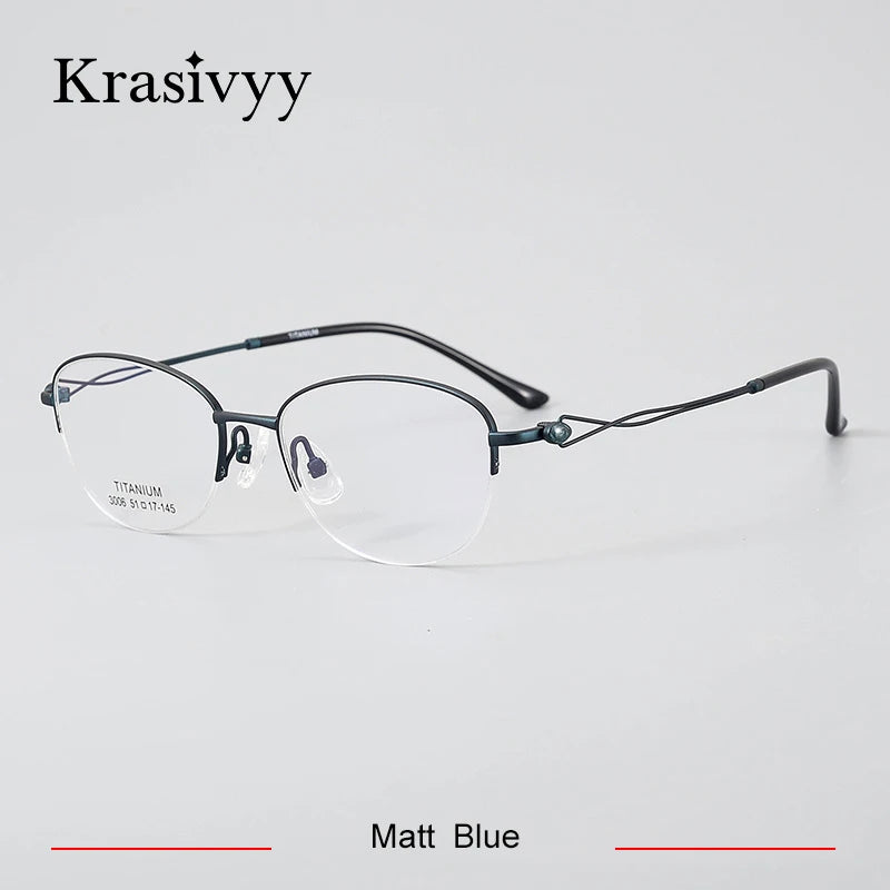 Krasivyy Women's Semi Rim Oval Round Titanium Eyeglasses 443006 Semi Rim Krasivyy Matt Blue