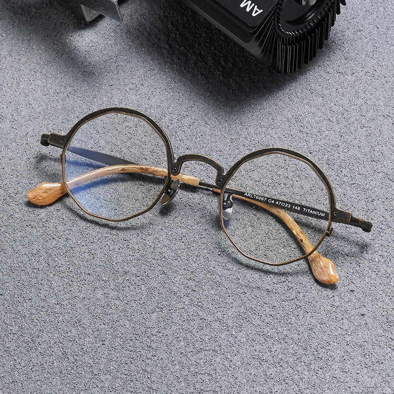 Black Mask Unisex Full Rim Irregular Round Titanium Eyeglasses T6067 Full Rim Black Mask Bronze