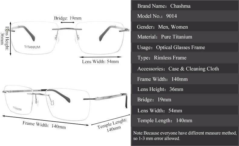 Chashma Unisex Rimless Square Titanium Customizable Lens Eyeglasses 90144