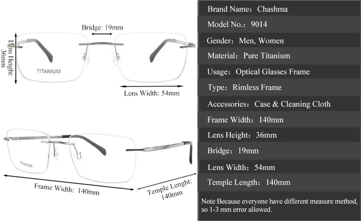 Chashma Unisex Rimless Square Titanium Customizable Lens Eyeglasses 90144