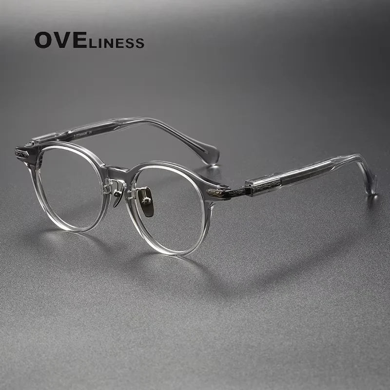 Oveliness Unisex Full Rim Round Oval Acetate Titanium Eyeglasses 80853 Full Rim Oveliness grey gun