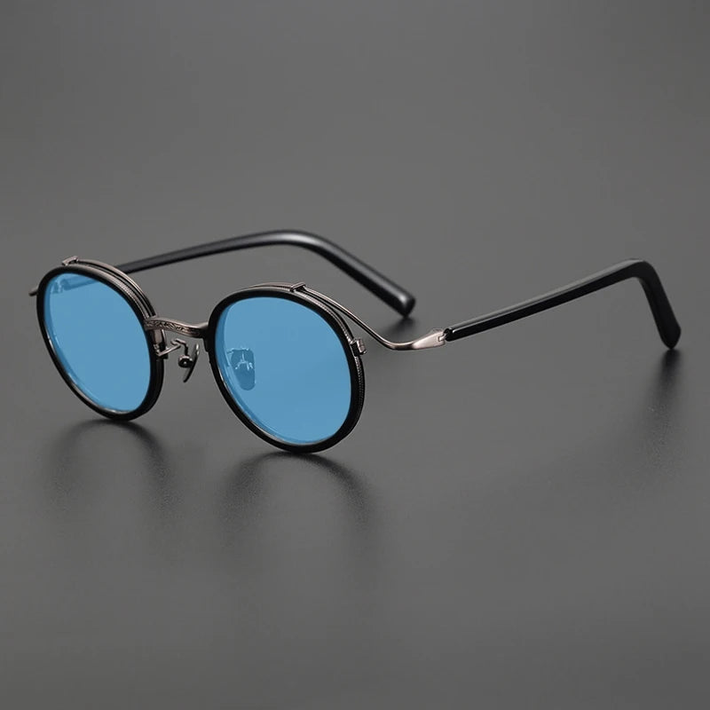 Gatenac Unisex Full Rim Round Polarized Acetate Titanium Sunglasses Mo12 Sunglasses Gatenac Black Blue