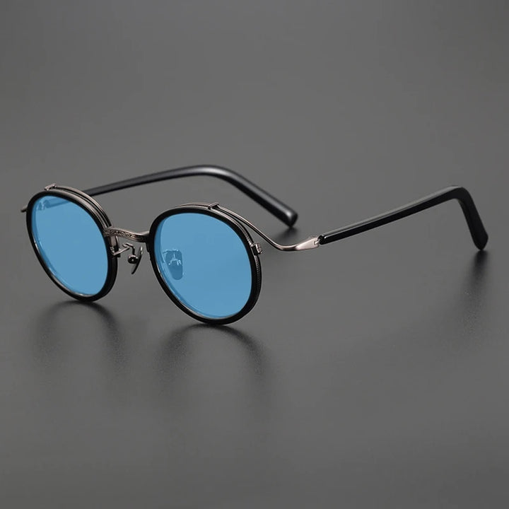 Gatenac Unisex Full Rim Round Polarized Acetate Titanium Sunglasses Mo12 Sunglasses Gatenac Black Blue