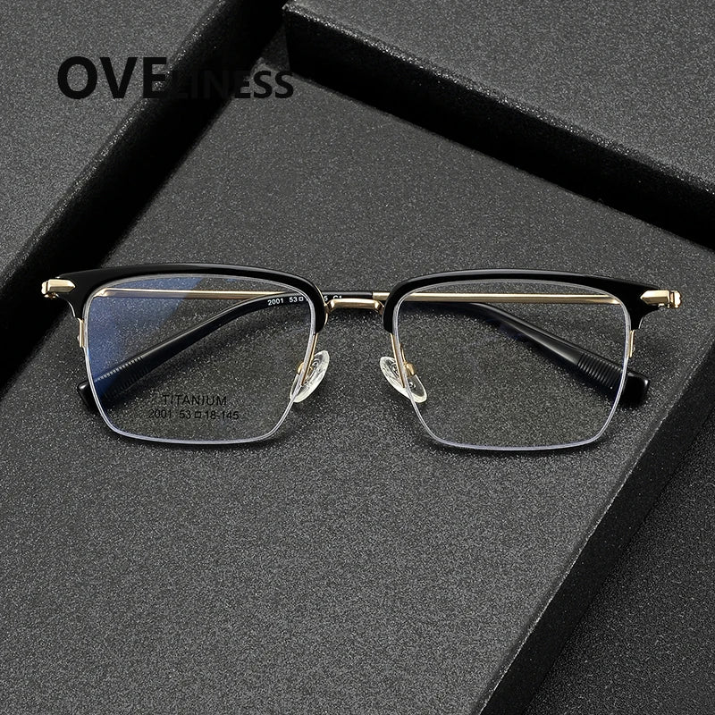 Oveliness Men's Semi Rim Square Acetate Titanium Eyeglasses 852001 Semi Rim Oveliness