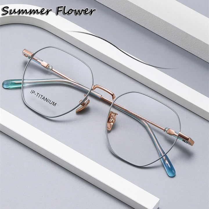 Summer Flower Unisex Full Rim Flat Top Polygon Titanium Eyeglasses 61010
