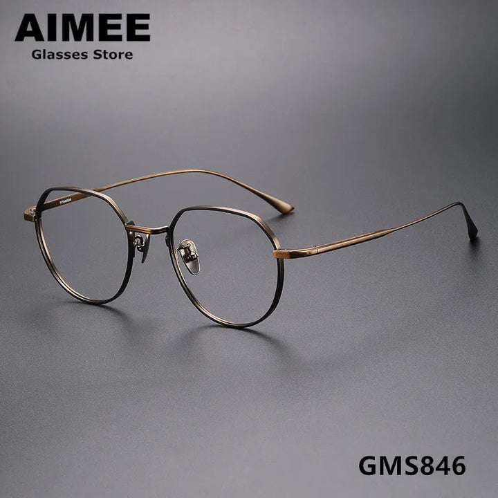 Aimee Unisex Full Rim Flat Top Polygon Titanium Eyeglasses 7846 Full Rim Aimee Black-Bronze