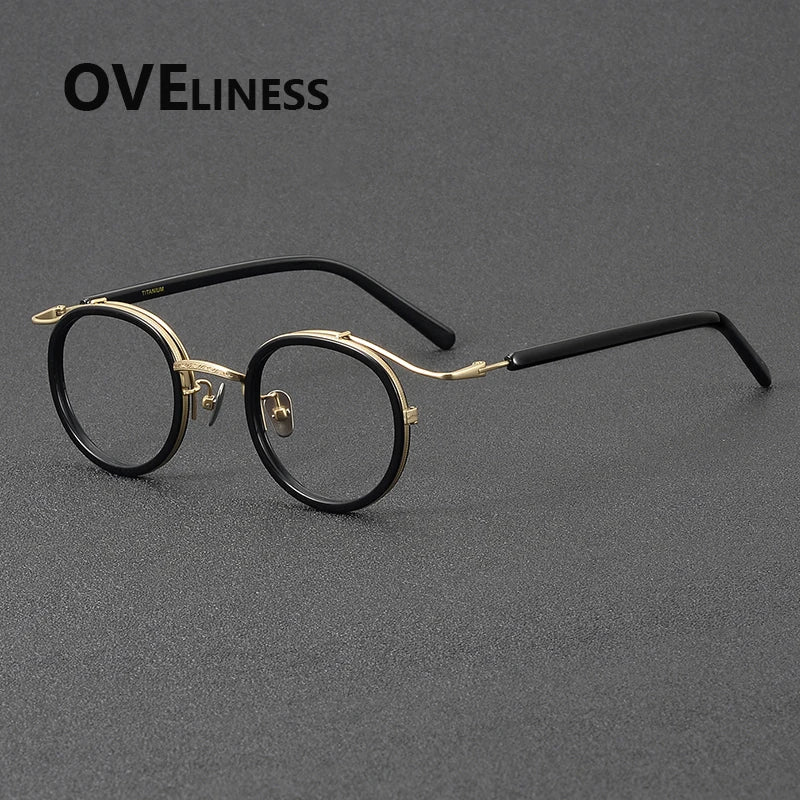 Oveliness Unisex Full Rim Round Acetate Titanium Eyeglasses 72526 Full Rim Oveliness black gold