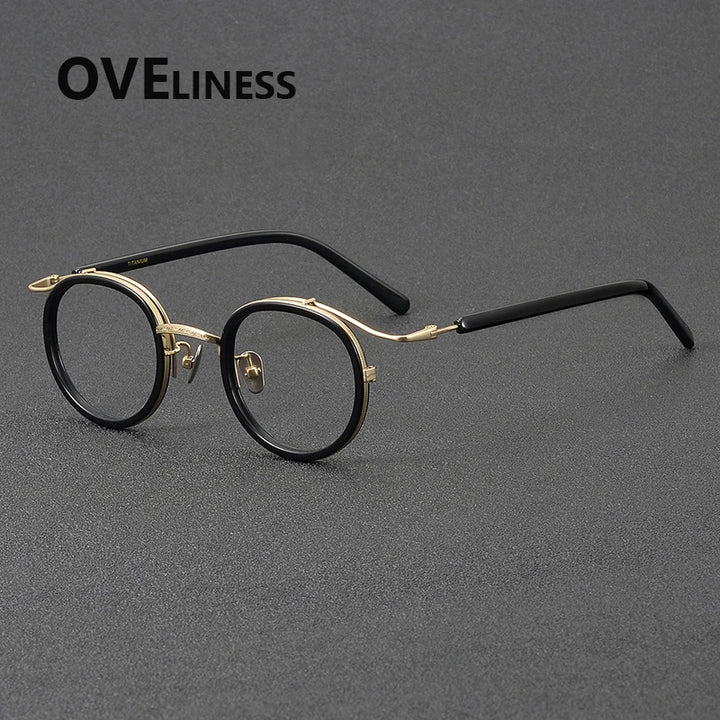 Oveliness Unisex Full Rim Round Acetate Titanium Eyeglasses 72526 Full Rim Oveliness black gold