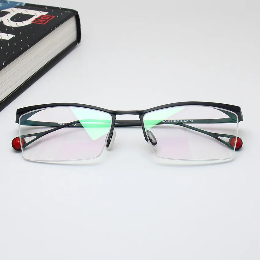Black Mask Men's Semi Rim Square Brow Line Titanium Eyeglasses 195113