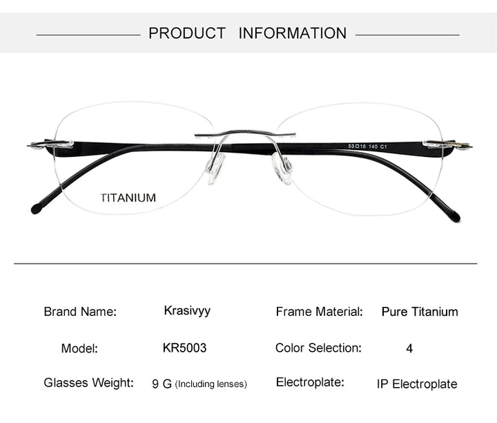 Krasivyy Unisex Rimless Oval Screwless Titanium Rimless Eyeglasses 5003 Rimless Krasivyy