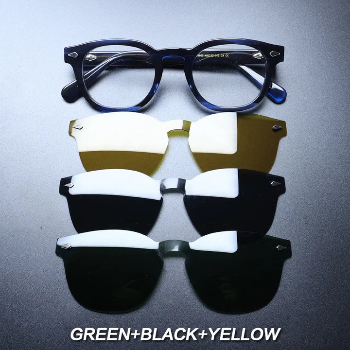 Gatenac Unisex Full Rim Round Acetate With Clip On Sunglasses 1237 With Clip Ons Gatenac Blue 3 Clips