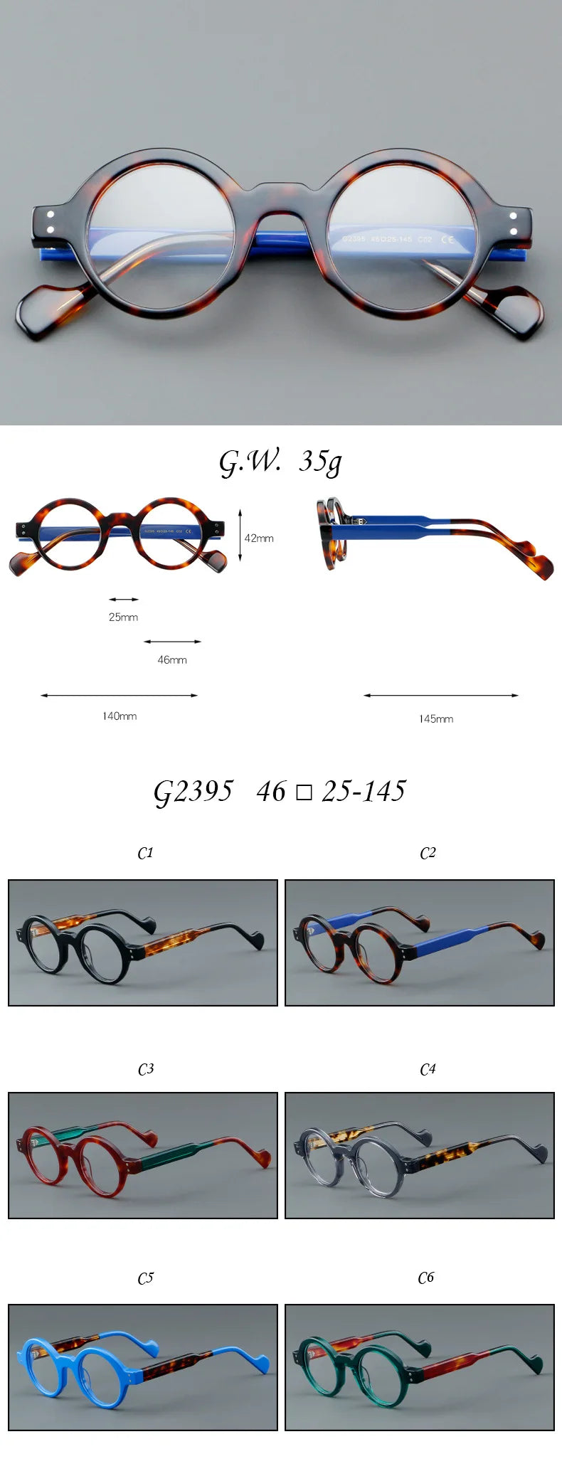 Nobler Unisex Full Rim Round  Thick Temple Acetate Eyeglasses 2395 Full Rim Nobler