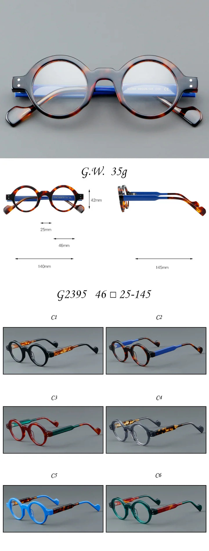 Nobler Unisex Full Rim Round  Thick Temple Acetate Eyeglasses 2395 Full Rim Nobler