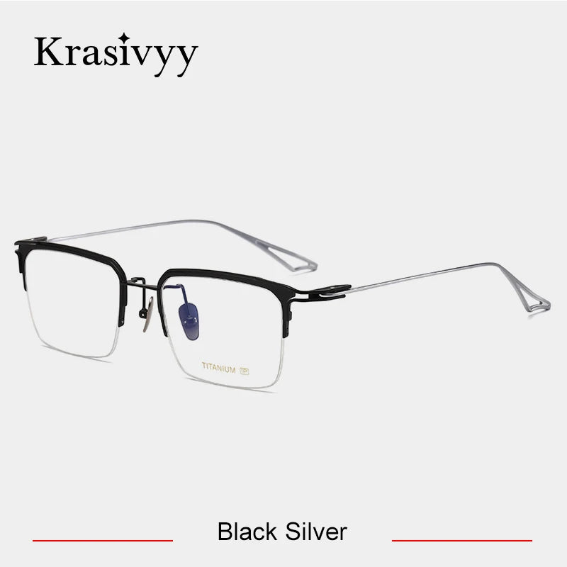 Krasivyy Men's Semi Rim Big Square Titanium Eyeglasses 15955 Semi Rim Krasivyy Black Silver