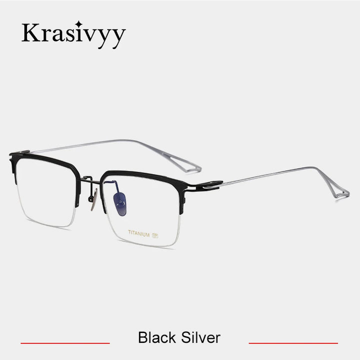 Krasivyy Men's Semi Rim Big Square Titanium Eyeglasses 15955 Semi Rim Krasivyy Black Silver