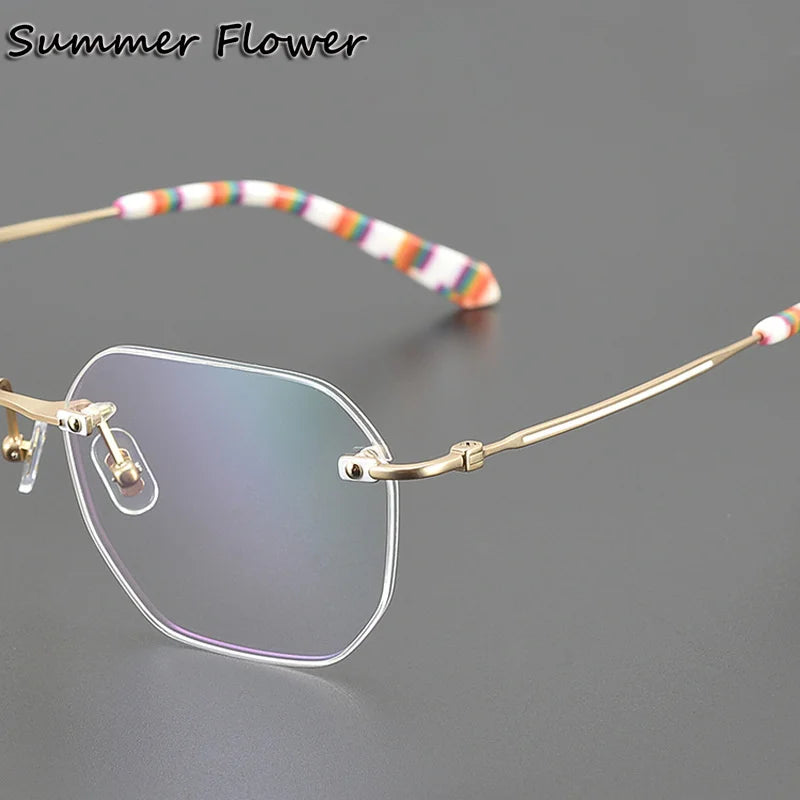 Summer Flower Unisex Rimless Flat Top Polygon Titanium Eyeglasses 28431