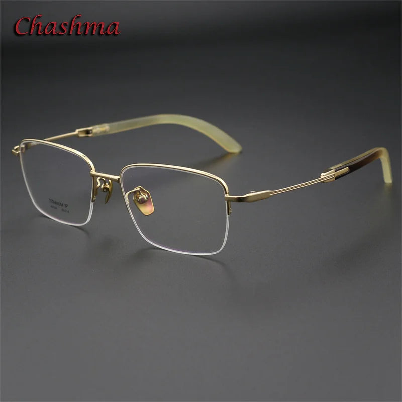 Chashma Ochki Unisex Semi Rim Square Titanium Horn Eyeglasses 312326