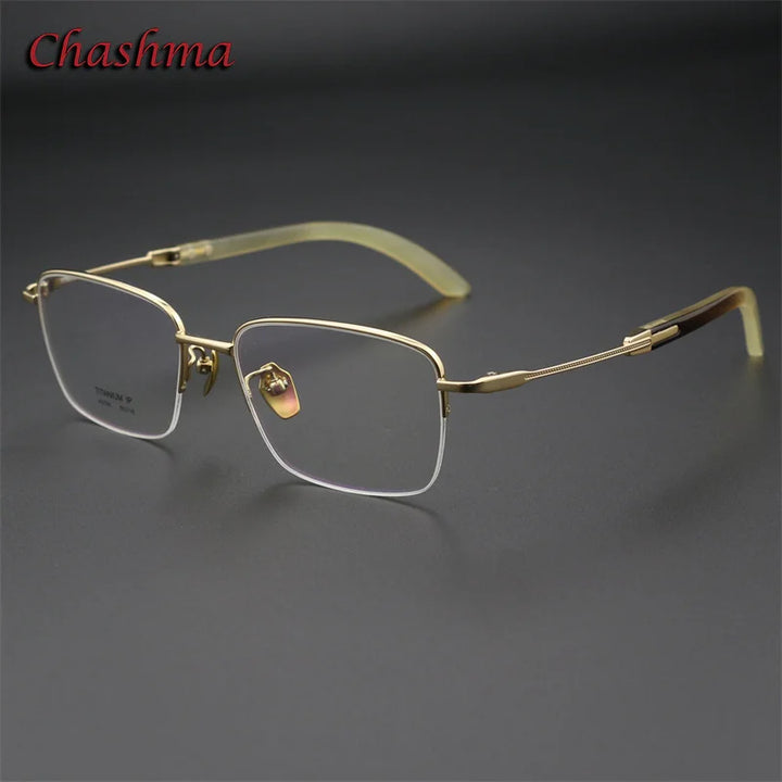 Chashma Ochki Unisex Semi Rim Square Titanium Horn Eyeglasses 312326