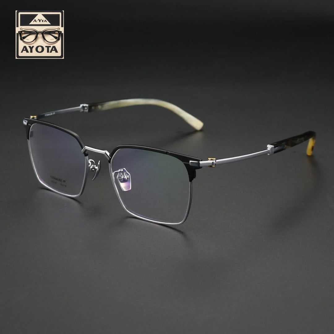 Hewei Unisex Full Rim Square Horn Temple Tip Titanium Eyeglasses 41849
