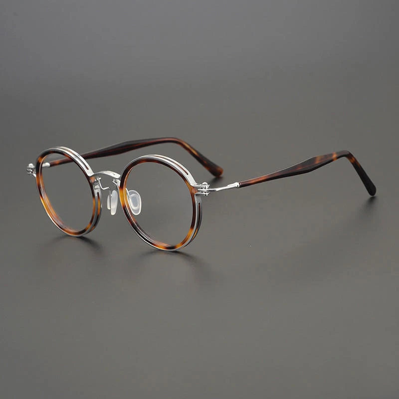 Gatenac Unisex Full Rim Round Acetate Titanium Frame Eyeglasses Gxyj576 Full Rim Gatenac Silver Tortoiseshell