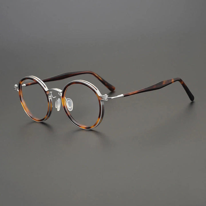 Gatenac Unisex Full Rim Round Acetate Titanium Frame Eyeglasses Gxyj576 Full Rim Gatenac Silver Tortoiseshell