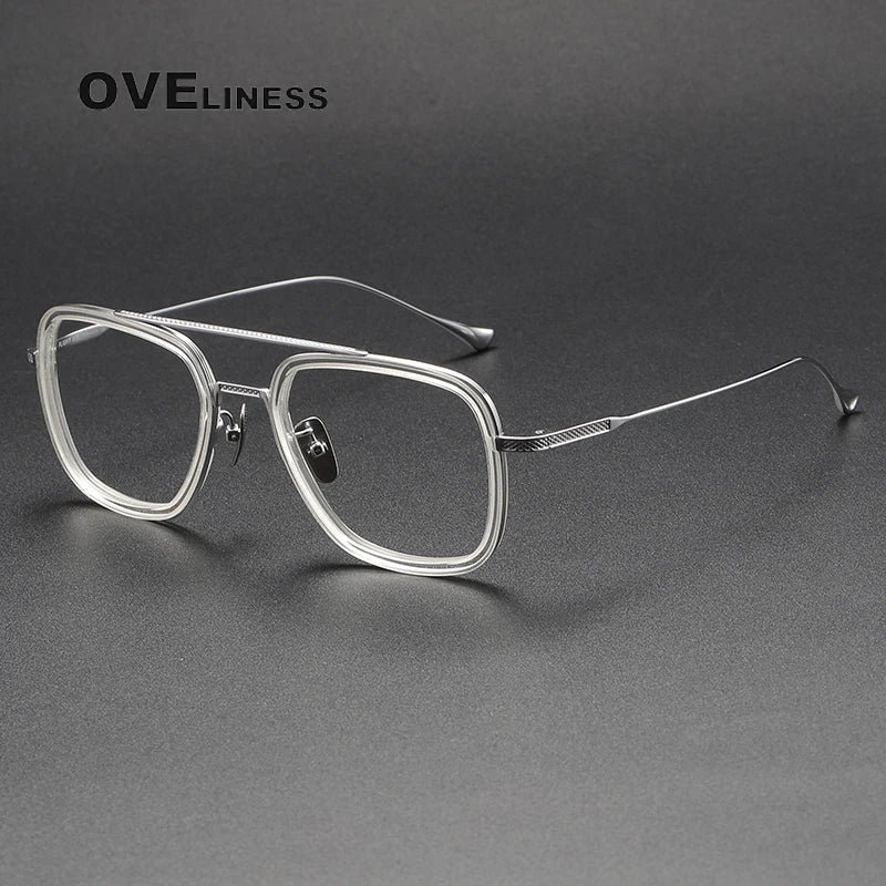 Oveliness Unisex Full Rim Square Double Bridge Acetate Titanium Eyeglasses I0006 Full Rim Oveliness clear silver