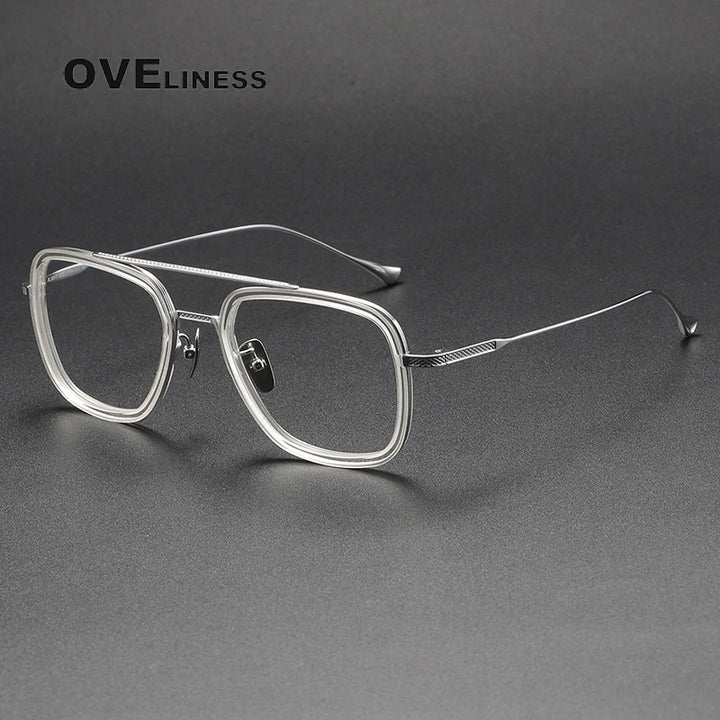 Oveliness Unisex Full Rim Square Double Bridge Acetate Titanium Eyeglasses I0006 Full Rim Oveliness clear silver