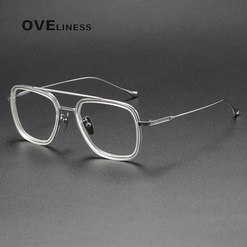Oveliness Unisex Full Rim Square Double Bridge Acetate Titanium Eyeglasses I0006 Full Rim Oveliness clear silver  