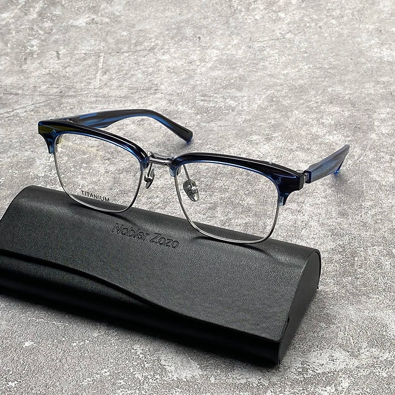Nobler Unisex Semi Rim Large Square Titanium Acetate Eyeglasses M96 Semi Rim Nobler