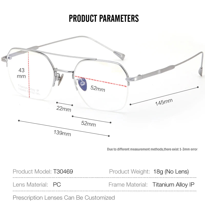 Muzz Unisex Semi Rim Square Double Bridge Titanium Alloy Eyeglasses 30469
