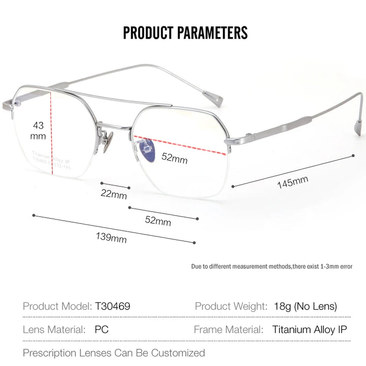 Muzz Unisex Semi Rim Square Double Bridge Titanium Alloy Eyeglasses 30469