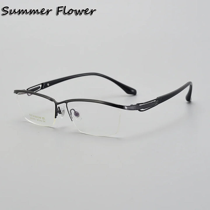 Summer Flower Unisex Semi Rim Square Brow Line Titanium Eyeglasses 86172 Semi Rim Summer Flower Black