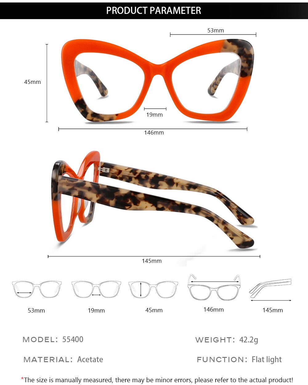 CCspace Women's Ful Rim Square Cat Eye Acetate Eyeglasses 55400 Full Rim CCspace