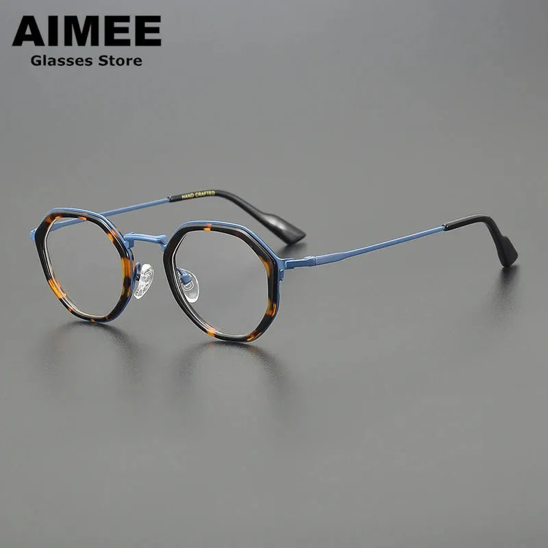 Aimee Unisex Full Rim Round Polygon Titanium Acetate Eyeglasses 14023 Full Rim Aimee Blue-Tortoise